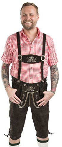 Läderbyxor för män, knäband – folkdräkts-läderbyxor, humle och malt – äkta läder, Oktoberfest, knäbundna läderbyxor inkl. Hängslen