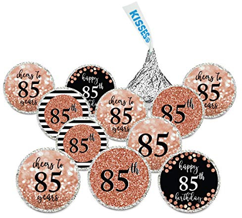 Andaz Press Glitzy Faux Rose Gold Glitter Milestone Chocolate Drop Labels, Cheers to 85 Years, 85th Birthday or Anniversary, 240-Pack, Not Real Glitter, Fits Kisses Party Colored Supplies