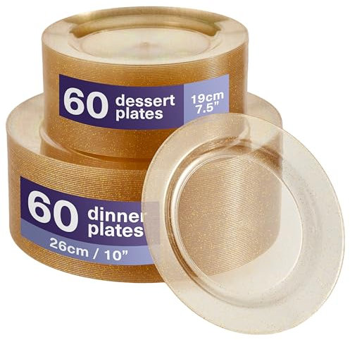 Matana - 120 Eleganti Piatti Rigidi Trasparenti in Plastica con Glitter Oro (2 Misure) - Resistenti e Riutilizzabili - Matrimoni, Compleanni, Battesimi, Natale, Barbecue, Feste