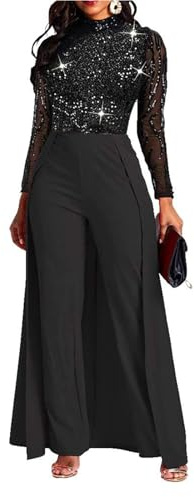 VERWIN Patchwork Overlay Embellished Plain Women's Jumpsuit High-Waist Woman Romper (Large, Black Sequin)