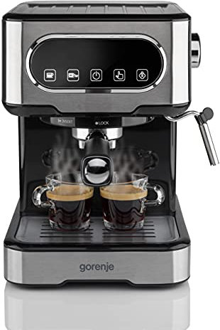 Gorenje ESCM 15 DBK Espresso Siebträgermaschine/Espressomaschine mit professioneller Milchschaumdüse/1,5 l Wassertank/15 bar/Edelstahl, Silber/Schwarz