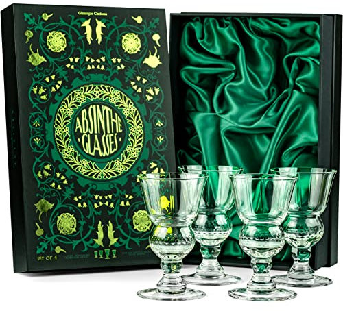 GLASSIQUE CADEAU Lot de 4 verres à absinthe, sambuca, raki, pastis, ouzo - Verres à pied court de 200 ml - Avec réservoir à bulles - Pour boire - Fée verte