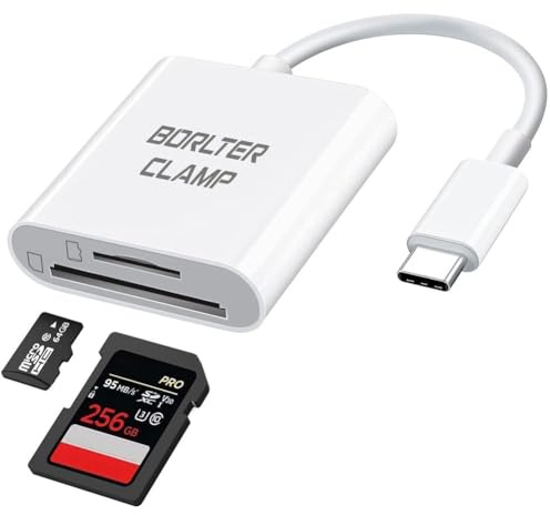 BORLTER CLAMP USB C till SD-kortläsare, typ C till SD/Micro SD minneskortläsaradapter kompatibel med MacBook, bärbara datorer, surfplattor, smartphones (vit)