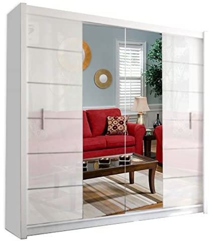 Modern Double Sliding Door Wardrobe 2 Mirrored Hanging Rails & Shelves Storage Cabinet for Bedroom (203cm, Lisbon White)