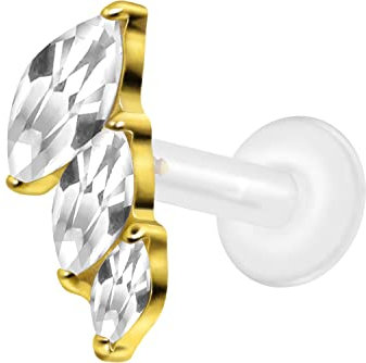 PIERCINGLINE PTFE Labret mit Gewinde Titan Aufsatz 3 EINGEFASSTE KRISTALLTROPFEN Piercing Lippe Nase Ohr Helix Tragus Medusa Goldfarben 1,2 x 6 mm