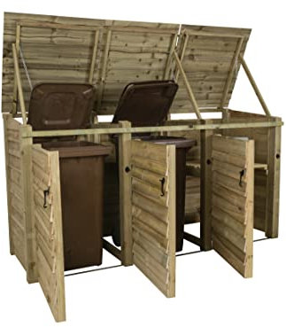 Arbor Garden Solutions Wheelie bin storage pressure treated garden recycling store lid shed outdoor trash cover (Triple, With recycling shelf, Natural (Light Green))