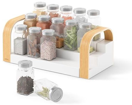 Umbra Bellwood Gewürzregal, Erweiterbar, 3 Ebenen, Weiss/Natur | Große Kapazität, für Küchenschrank oder Schublade, keine Montage nötig, recycelter Kunststoff und nachhaltiges Holz