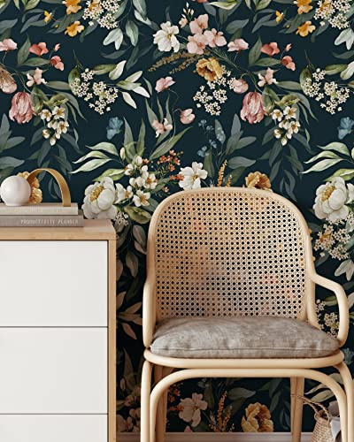 Coloritto Dark Floral Blossoms Wallpaper | Removable Self Adhesive Floral Wallpaper | Peonies and Leaves Peel and Stick Wallpaper (Sample 12 W x 8 H)