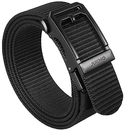 JUKMO Men's Ratchet Tactical Belt, 1.5 Nylon Web Work Belt with Automatic Slide Buckle, Adjustable Trim to Fit (Black, X-Large)