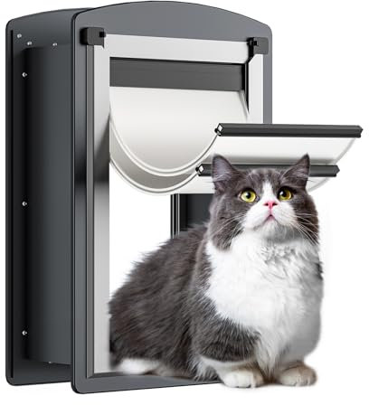 FreeStanding Cat Door for Wall, Steel Frame Cat Doors with Telescoping Tunnel, Magnetic Double Flaps and 2 Security Lock Panels, Cat Door for Interior and Exterior Wall, Small, Gray