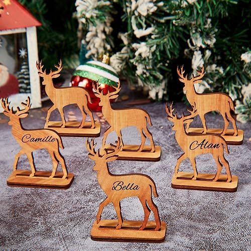 6 Pcs Christmas Reindeer Place Name Settings 3D Freestanding Wooden Table Place Card 3.74'' x 2.76'' Rustic Seat Card Xmas Name Table Decoration with Marker for Christmas Party Decor