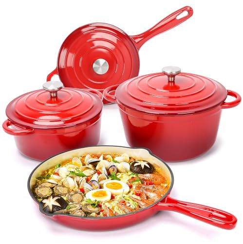 Denmay Set di pentole smaltate in ghisa – Set di 7 pezzi Forni olandesi per pane, pentola, padella, 3 coperchi, forno olandese, a gas/forno/a induzione, colore: rosso
