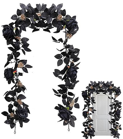 Hintyne Schwarze Halloween Rosengirlande 175 cm Künstliche Rosenranke Mit Schwarzen Beeren Und Blättern Flexible Realistische Lebendige Blumengirlande Für Herbst Thanksgiving Dekoration