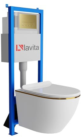 Lavita LAV 101 Élément mural avant pour WC 40 cm + suspension murale évier profond WC SOFI Slim Gold Line sans rebord de chasse + panneau de commande LAV 200.3.5 or | kit complet | évier encastré | WC