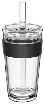 KeepCup Longplay Cold Cup - Vaso de vidrio de doble pared para café helado con tapa y popote (negro, grande)