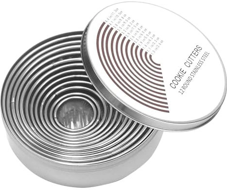 12 Pieces Round Cookie Cutters Set Circle Pastry Cutters Stainless Steel Circle Biscuit Pastry Cutters for Baking 1.2 Inch Height (Round Edge, 12Pcs(1-4.5inch))