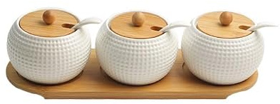 Porcelain Spice Jar Set, Ceramic Condiment Jar with Bamboo Lid and Holder Spot, Ceramic Serving Spoon, Spice Jars Container for Sugar/Salt/Pepper, White Seasoning Box for Your Home, Kitchen