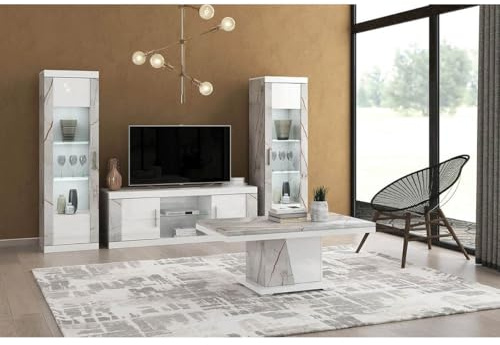 AltoBuy Eros - Ensemble Salon Table Basse + Meuble TV + Vitrines 1 Porte Eclairage LED intégré