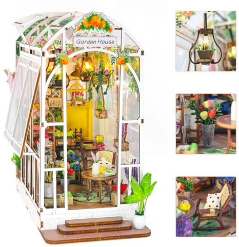 HIGSPE Book Nook DIY Kit, Miniatur Haus Bastelset mit Möbeln und Holzleim, 3D Puzzle Puppenhaus aus Holz, Garden House Bookshelf Insert Diorama, Modellbausätze für Erwachsene Kinder zum Bauen