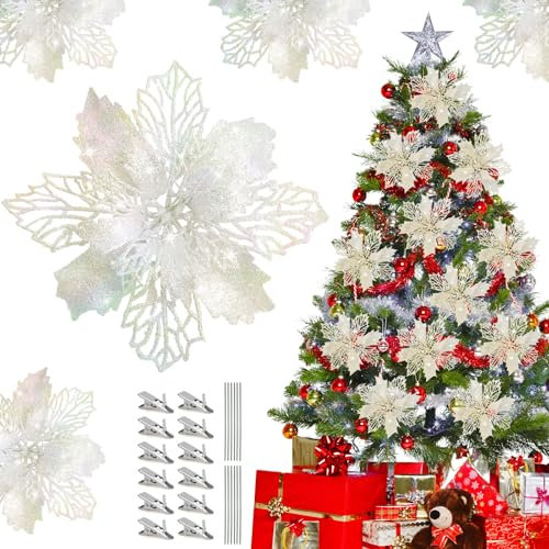 12 Stücke Weihnachten Funkeln Weihnachtsstern Blumen,Glitter Poinsettia, Weihnachtsschmuck Weihnachtsbaum Baumschmuck KüNstliche Weihnachtsblumen Neujahr Ornamente mit 12 Clips und 12 Vorbauten