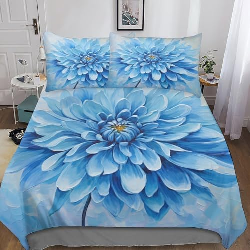 Parure de lit avec fermeture éclair pour enfants et adolescents, motif floral dahlia bleu, pour lit double (200 x 200 cm)