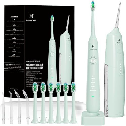 Irrigador Dental y Cepillo de Dientes Eléctrico Sónico 2 en 1 – Kit de Limpieza Oral Portátil | Irrigador Bucal Inalámbrico IPX7, 3 Modos Agua, 4 Modos De Cepillado para Limpieza Dientes (verde claro)