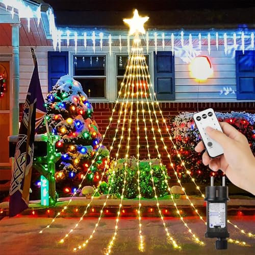 Weihnachtsbaum Lichterkette Mit Stern, 3.5m x 8 Vorhänge 298 LED Weihnachtsbeleuchtung außen mit Fernbedienung, Timer, 8 Modi LED Lichterketten Außen für Weihnachtsbaum Garten Balkon