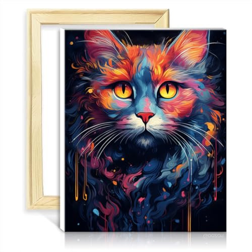 TANGFEIY Malen-nach-Zahlen-Set, bunte Katze auf Leinwand, Ölgemälde zum Selbermachen, Acrylbilder mit Pinseln, Kunsthandwerksprojekt für Zuhause, mit Rahmen (30 x 40 cm)