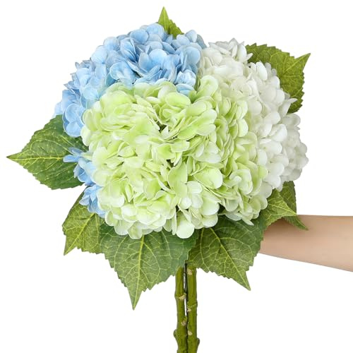 SIITUMEIZI Hydrangea Artificial Flower Faux Hydrangea Flowers 21 Inch Real Touch Latex Fake Hydrangeas for Home Decor 3Pc White Green Blue