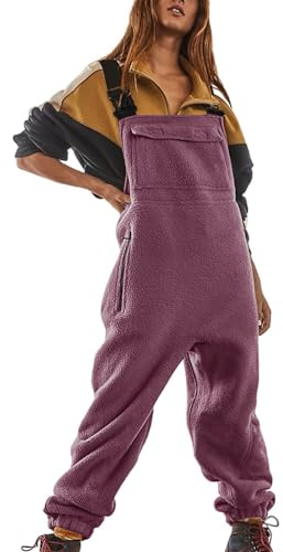 Women's Fleece Dungarees Loose Fit Adjustable Straps Solid Overalls with Pockets Thermal Long Jumpsuit Playsuit Trousers Winter Comfy Dungarees Women Bib Overalls for Women Oversized Dungarees Red