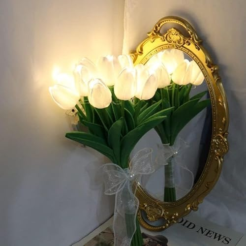 KINGCOO Künstliche Tulpen Blumen Set mit LED Leuchten Batteriebetrieben,Real Touch Tulip Bouquet für Hochzeit Zuhause Küche Garten Party Weihnachten Innen Außendekoration Geschenke (10PCS-Weiß)