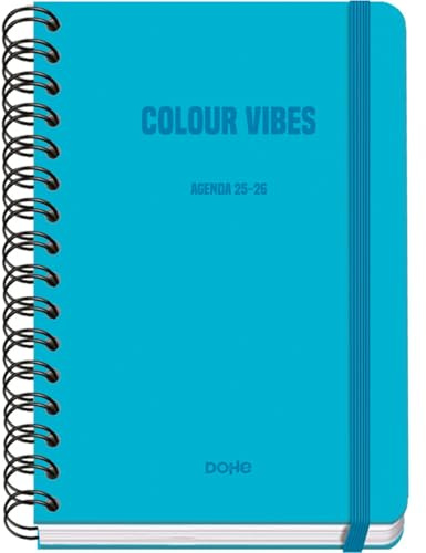 Dohe - Skolkalender 2025 2026 - Vecka per uppslag, Storlek A5 (15x21 cm), Spanska och Engelska, Dubbelspiralbindning och Resårband, Hårt omslag, 4 Klistersidesark - COLOUR VIBES Cyan