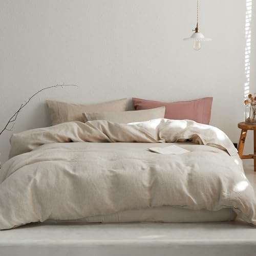 TOSMO 100% Linen Duvet Cover Set Queen, Pure French Flax Natural Linen Duvet Cover with Zipper Closure & Corner Ties, Cooling Breathable Comforter Cover 3 Piece (Linen)