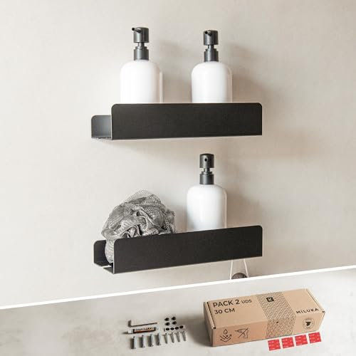 MILUKA Pack 2 Estantes de Ducha Negro 30 cm, con Colgador - Estanteria Baño Sin Taladros Resistente al Agua y Oxido - Accesorio Organizador de Ducha Adhesivo para champu y Gel - Modelo NACHI