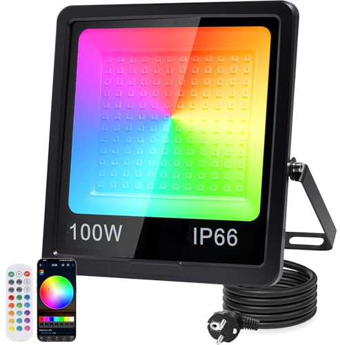 Indmird Foco LED RGB Exterior 100W, Proyector LED RGB Exterior con 2.4G Control Remoto y APP Bluetooth, IP66 Impermeable Regulable Focos Led Colores para Halloween Navidad Jardín Fiesta