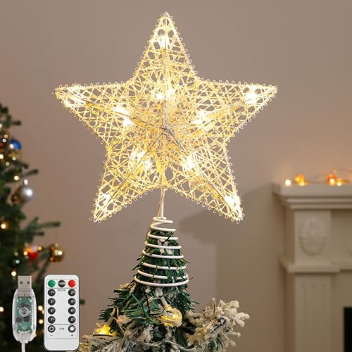Lewondr Weihnachtsbaumspitze Stern, 3D Christbaumspitze mit 15 LEDs & Fernbedienung, 8 Beleuchtungsmodi, Auto Timer, USB-betrieben Baumspitze Weihnachtsdeko für Innen Party Weihnachten, Weiß