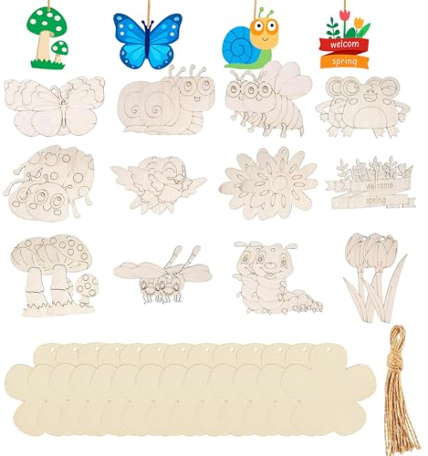 36 Stück Holz Basteln Kinder Mit 2M Schnur, Holzfiguren Zum Bemalen, HolzInsekten Und Holzblumen zum Basteln Für DIY-Projekte, Heimdekoration, Anhänger Und Kreative Geschenke