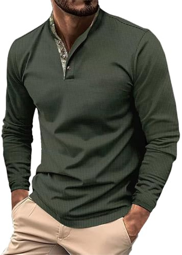 Generisch Polo Shirts Für Herren Langarm Waffelmuster Poloshirt Mit Button-down-Kragen Hemd Mode Henley Oberteile Sweatshirts Camisas Casuales para Hombres(Green, M)