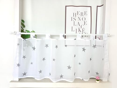 Devola Voile Scheibengardine mit Sternen, Schlaufen, Grau HxB 60x90cm | Transparent Kurzgardine Modern Kurzstore Bistrogardine mit Bedruckt, Kleinfenster Gardine für Kinderzimmer Wohnzimmer