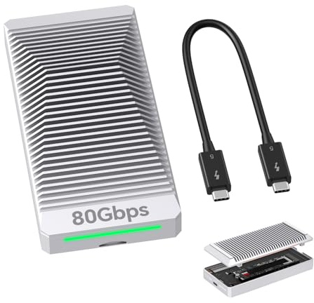 QWIIZLAB Lüfterloses 80Gbps M.2 NVMe SSD Gehäuse mit Aluminiumgehäuse, kompatibel mit Thunderbolt 5/4/3, abwärtskompatibel mit USB4/UBS3.2/3.1/3.0, unterstützt PCIe M.2 SSD bis zu 8 TB (Silber)