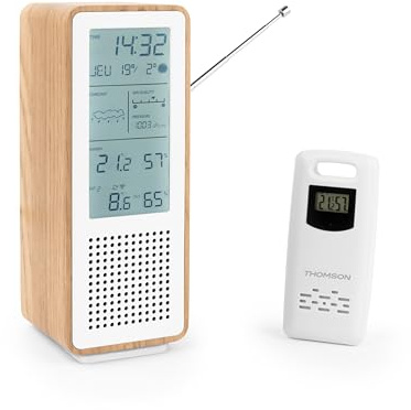 THOMSON Enceinte Bluetooth 5.3 et Station Météo Sans Fil, Radio FM, Horloge Radiopilotée, Thermomètre et Hygromètre Intérieur/Extérieur, Qualité de l'Air, Structure Bois - Blanc - WS102TWH