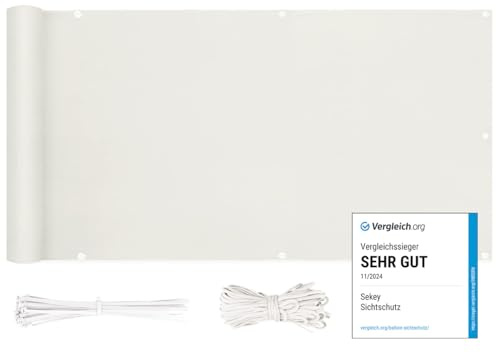Sekey Balkon Sichtschutz Balkonabdeckung Balkonverkleidung blickdichte Wind- und UV-Schutz, 100% Privatsphäre, mit Ösen, Nylon Kabelbinder und Kordel, 90x300cm, Weiß