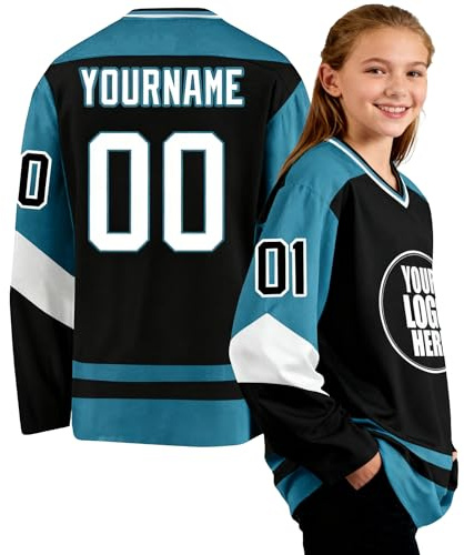 Maillot de Hockey personnalisé pour Toute la Famille - Jersey à Manches Longues avec Impressions Sportives, numéros et Noms customisés - Chandail idéal pour Les Jeunes Joueurs et Les équipes
