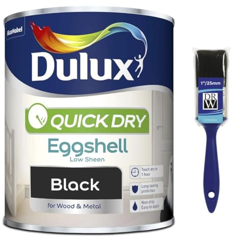 DRW Black Quick Drying Eggshell Paint 750ml +1 Paint Brush | Interior Wood and Metal Paint | Durable Low Sheen Finish | Fast Drying Trim Paint for Doors Skirting Boards and Furniture