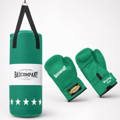 Bad Company Boxningsset för barn och ungdomar upp till 12 år, grön – fylld boxningssäck 55 x 25 cm och boxhandskar för barn med 20 ml – hängande boxningssäck set