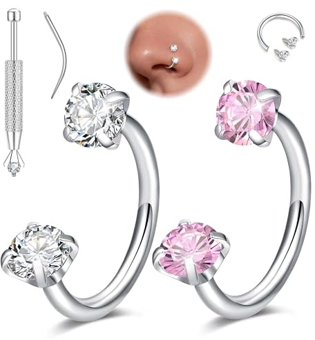 Maynor 2PCS Hufeisen Nasenring Set Damen, Nasenpiercing Ring mit CZ Stein 18G/20G Chirurgenstahl Piercing Schmuck für Nase, Helix, Tragus, Lippe (6–8 mm, Gold/Silber) inkl. Werkzeug