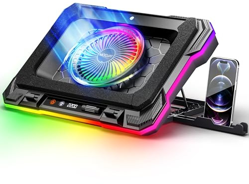 MOOJAY Laptop Cooling Pad Powerful Turbo Fan RGB Gaming Notebook Cooler, Laptop Fan Cooling Stand with 8 Adjustable Heights and Phone Holder, for 14-19 Inch Laptops - Colored LED Light