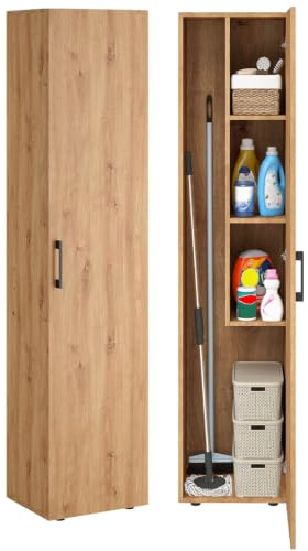 Bellamio Apol Besenschrank 40 cm breit, Eichenoptik, mit Staubsaugerfach | Mehrzweckschrank, Vorratsschrank Küche, Putzschrank aus Holz, Flurschrank, Haushaltsschrank, Allzweckschrank, 176x33x40 cm