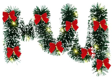 2m Weihnachtsgirlande Treppe mit Beleuchtung, Girlande Weihnachten Aussen, Weihnachtsgirlanden Kamin, Beleuchtete Weihnachtsdeko Girlande Outdoor Grün Rot Schnee（2 pezzi）