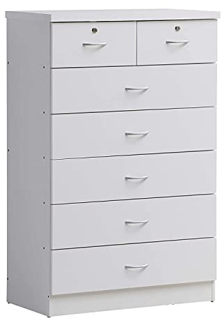 HODEDAH 7 Drawer Wood Dresser for Bedroom, 31.5 inch Wide Chest of Drawers, with 2 Locks on the Top Drawers, Storage Organization Unit for Clothing, White
